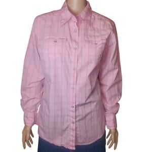 Wrangler Women M Pink Plaid Pearl Snap Western Shirt Breast Cancer Ribbon Rodeo